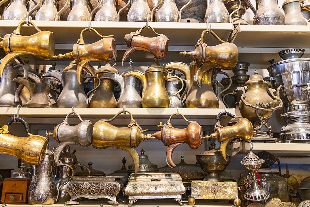 Saudi Arabia, Mecca Province, Jeddah. Antique brass, copper, and tin coffee pots, Al-Balad district